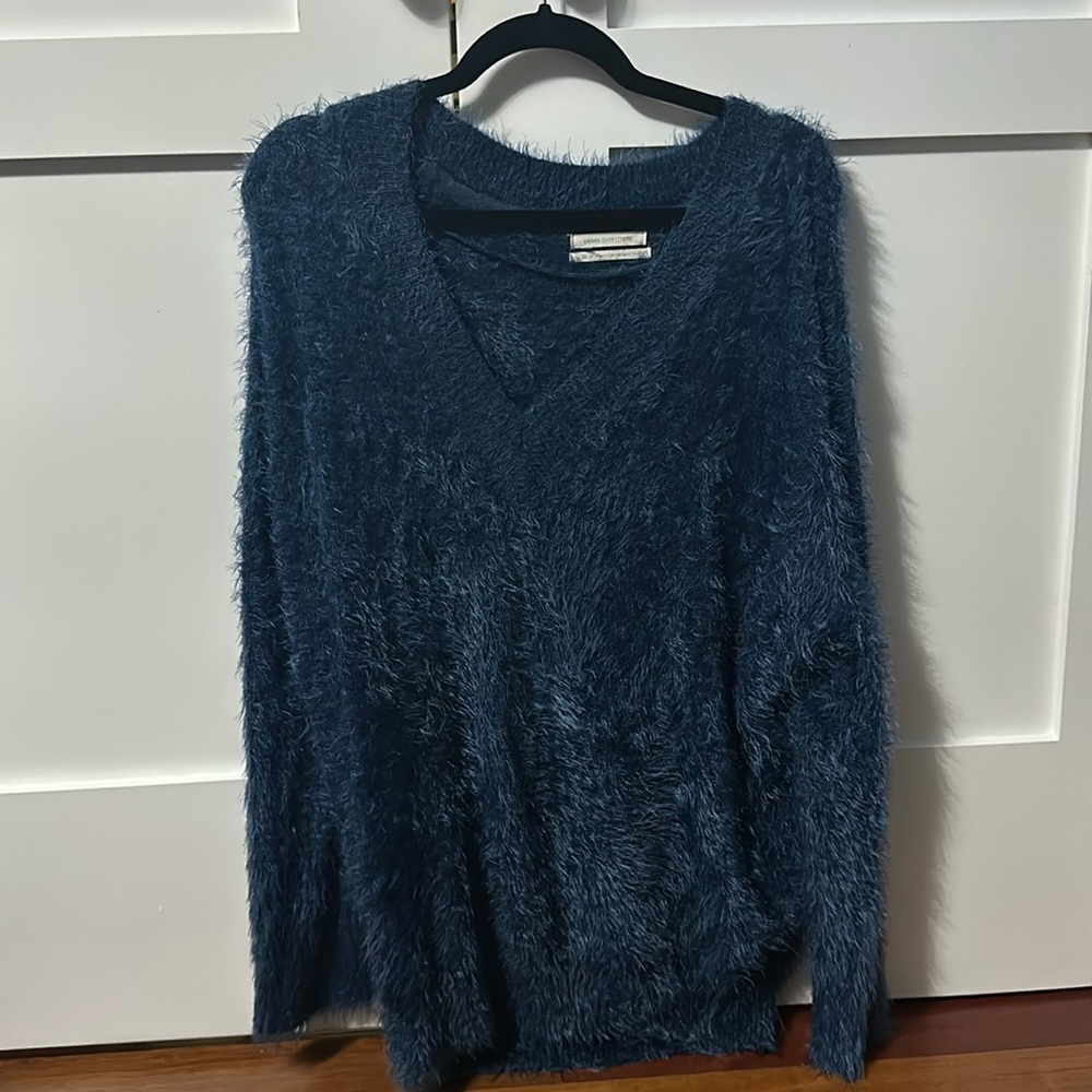 Urban Outfitters dark blue fuzzy v neck sweater